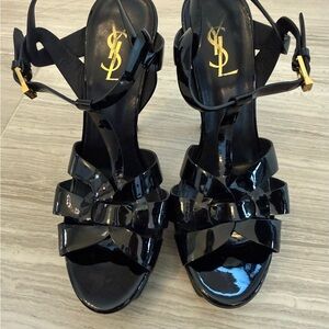 Yves Saint Laurent YSL Black Patent Leather Tribute Sandals 38
